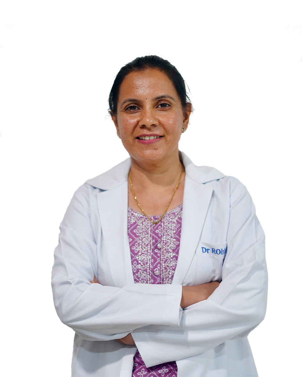 A confident retina specialist in a white lab coat stands before a bright, colorful background, reflecting her expertise and professionalism.