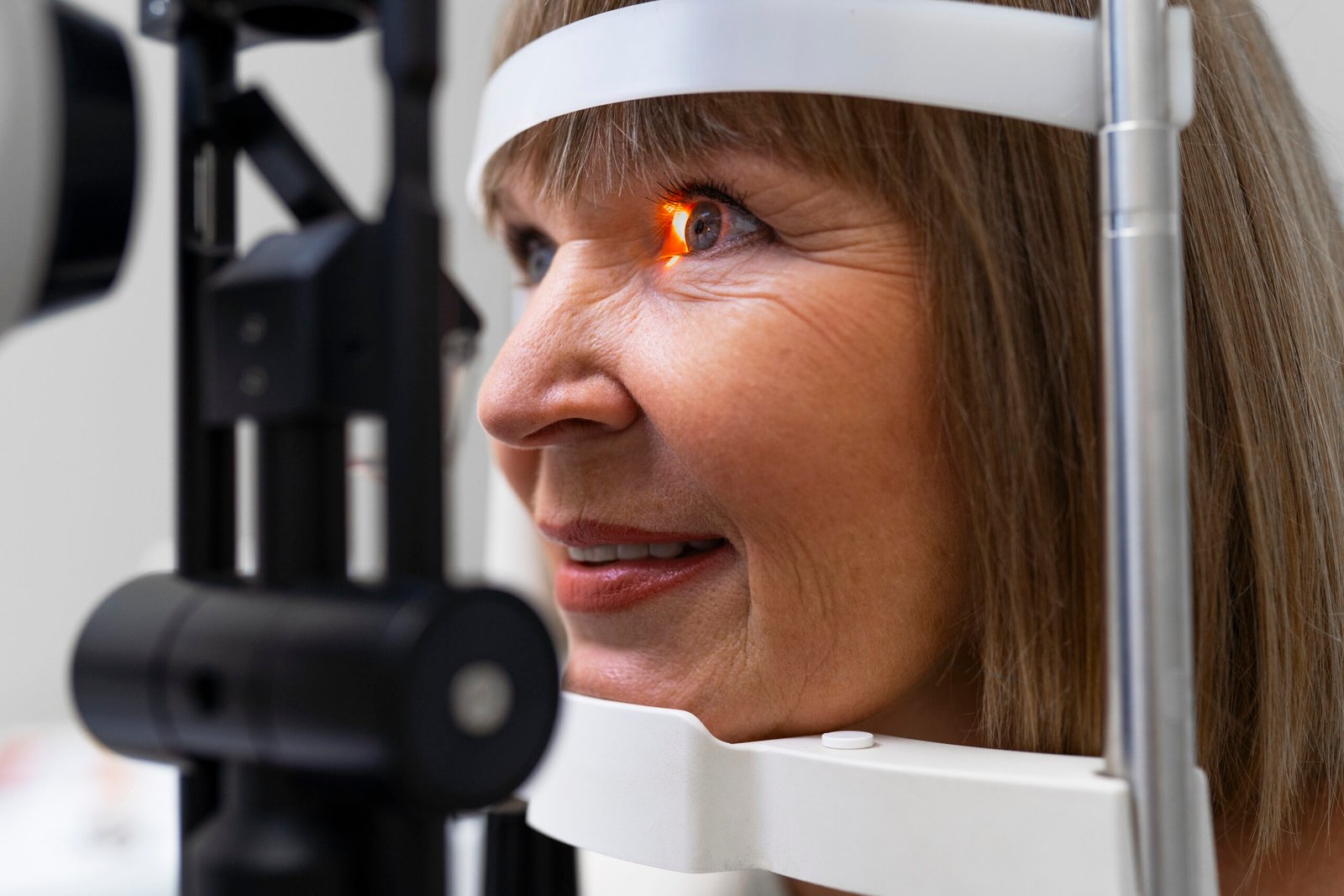 A woman undergoing an eye exam, focusing on the treatment of Retinopathy of Prematurity.