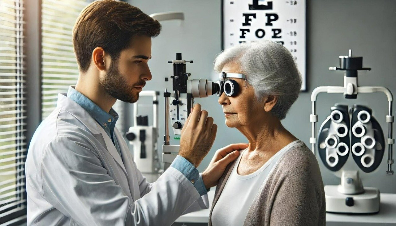 An older woman undergoing an eye examination by an optometrist at a retina hospital in Indore.