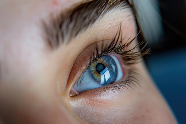 Close-up of a woman's eye, highlighting details during a retinal screening at a hospital in Indore