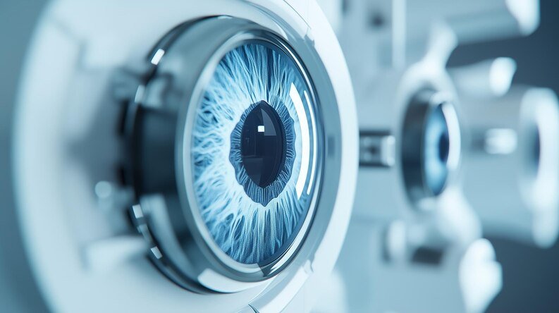 An eye in front of a medical device, symbolizing advanced eye care at Retina Hospital in Indore.
