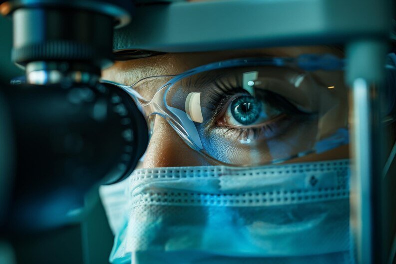 A woman wearing a surgical mask and glasses examines a sample through a microscope at a retina hospital in Indore.