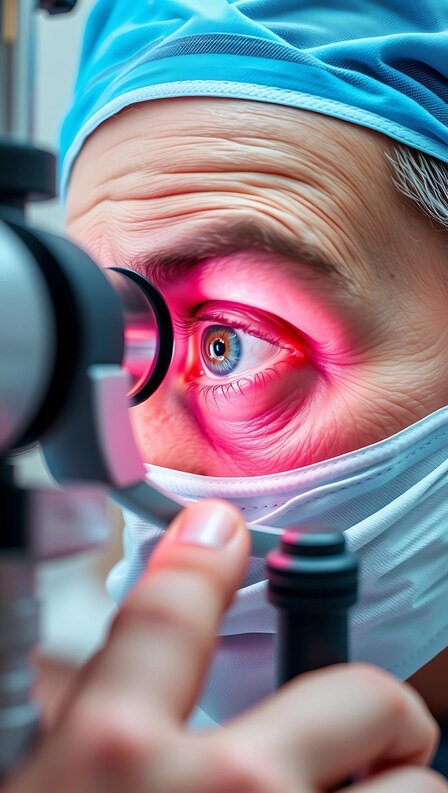 A man in a surgical mask examines an eye at Retina Hospital in Indore.