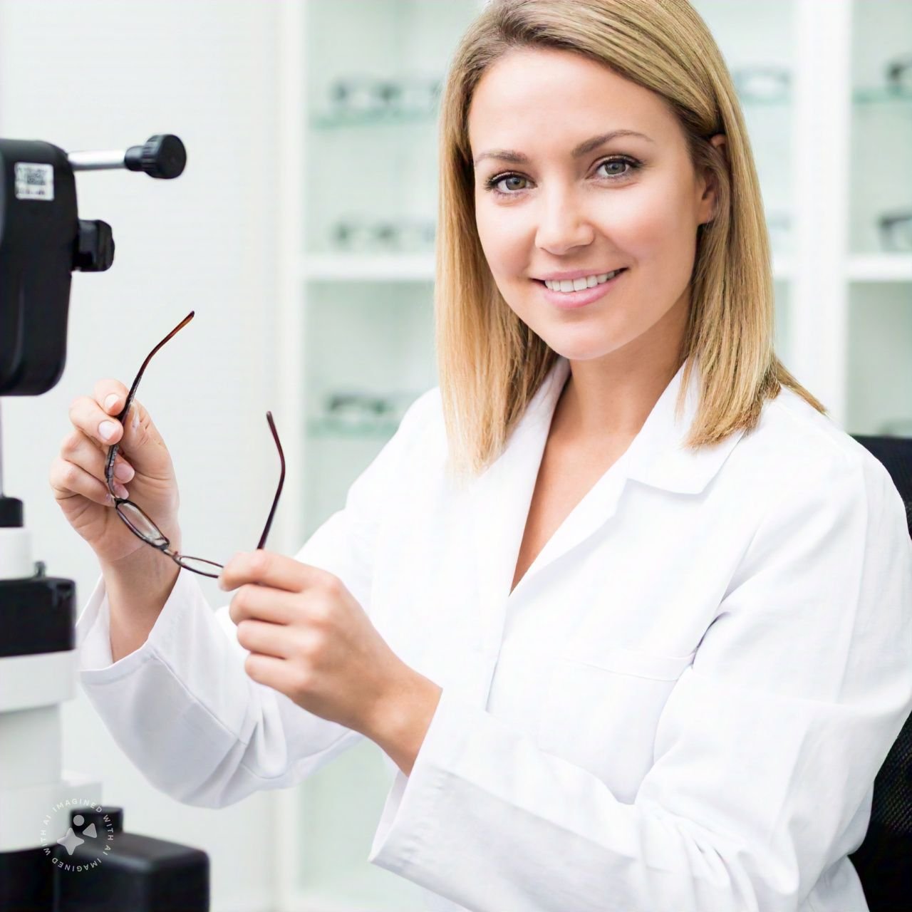 A woman in a lab coat holds a pair of glasses designed for individuals with retinal conditions