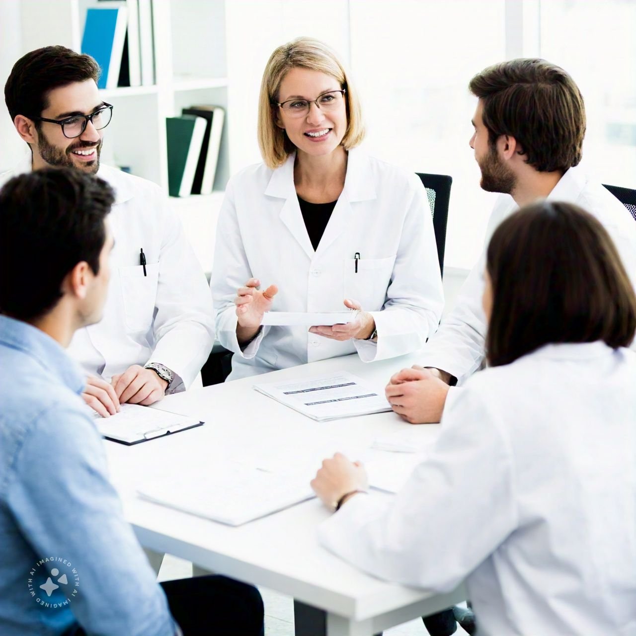 A group of doctors discussing treatment strategies at a table in a retina disease treatment center in Indore.