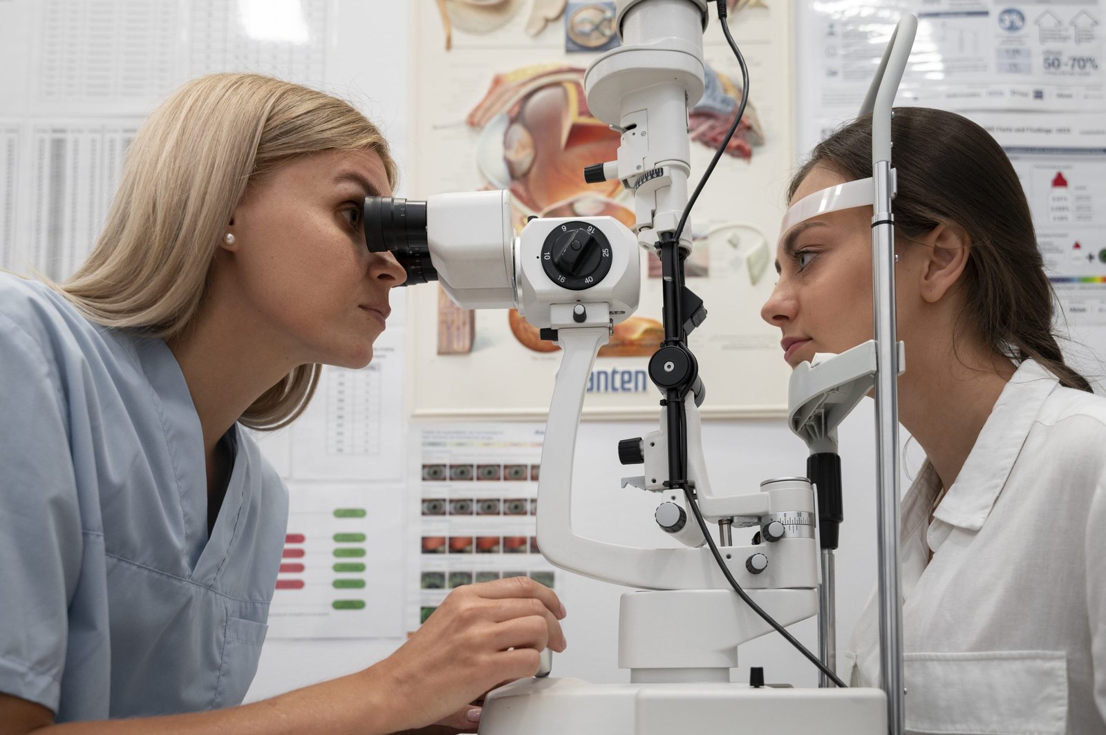 Two women examine an eye chart in a room, highlighting the importance of vision tests at retina disease treatment centers in Indore.