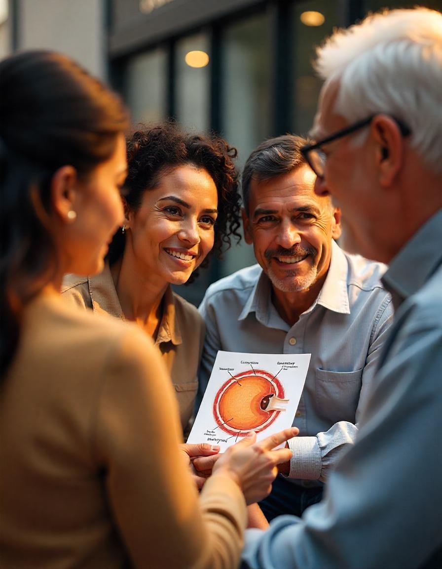 A group of people holding a book titled "Macular Degeneration," discussing eye health and awareness