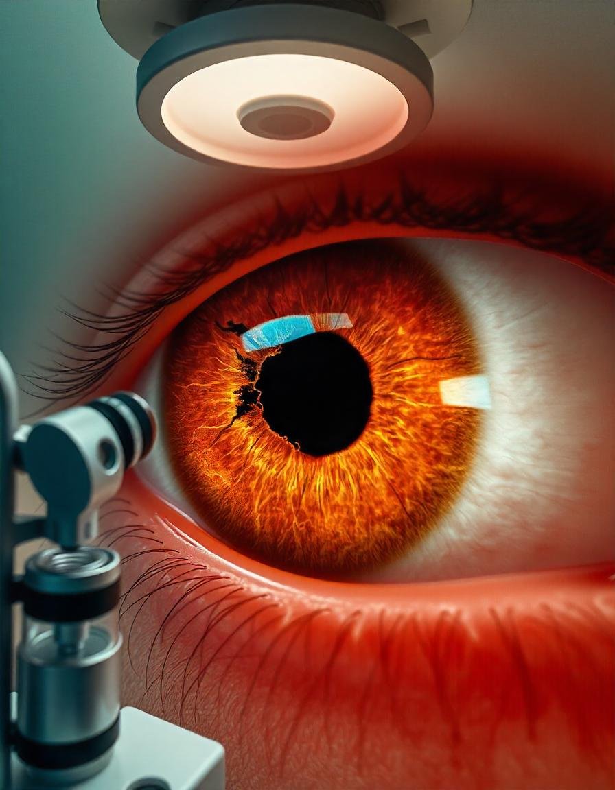 An eye under a microscope with a light shining on it, representing advanced technology at Indore LASIK Laser Centre