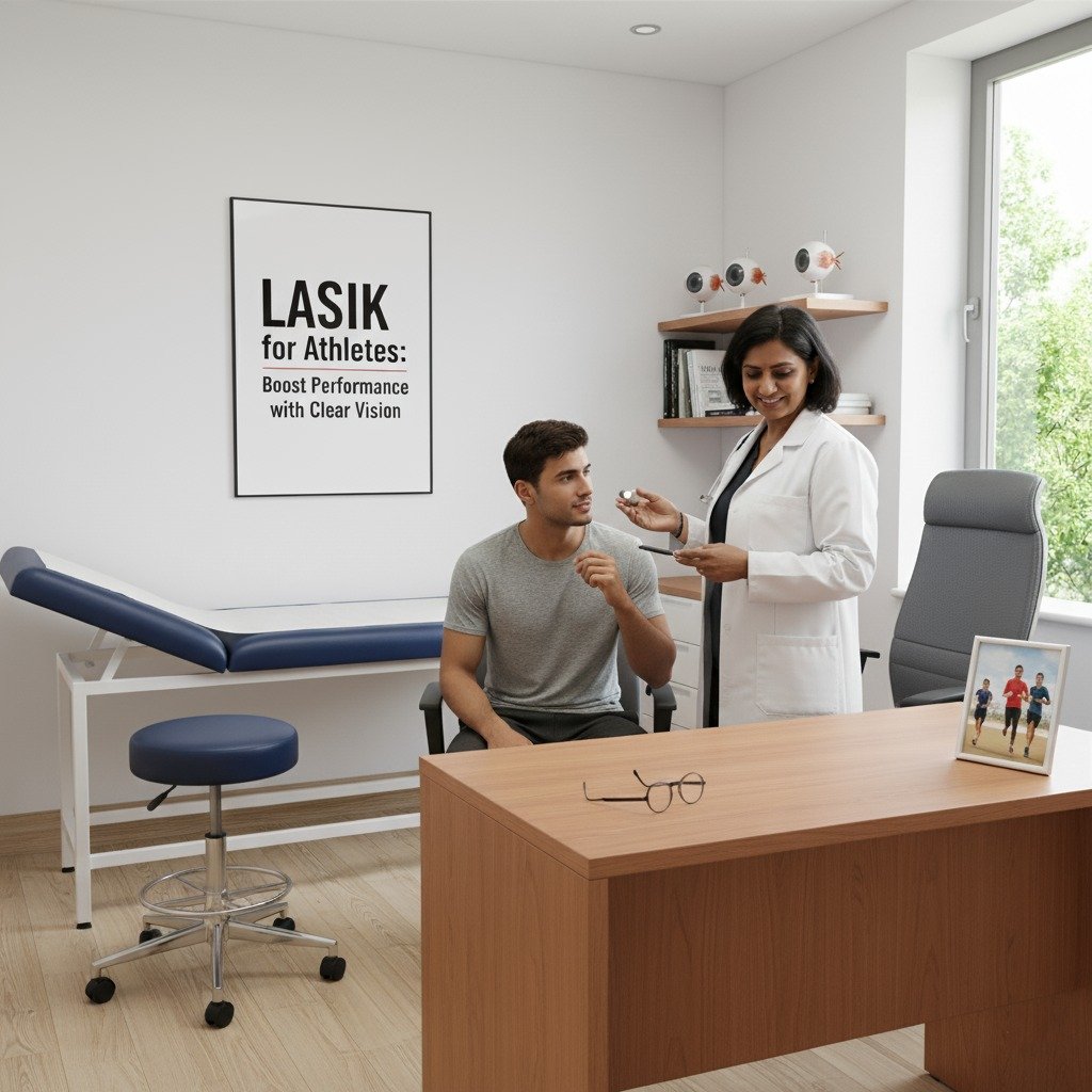 A man and woman discuss LASIK eye surgery in a doctor's office, with medical equipment visible in the background.