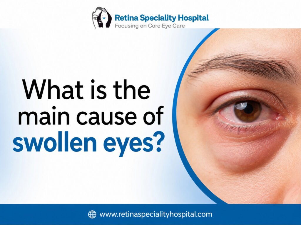 Person experiencing swollen and puffy eyes with eye discomfort illustration for eye health awareness.