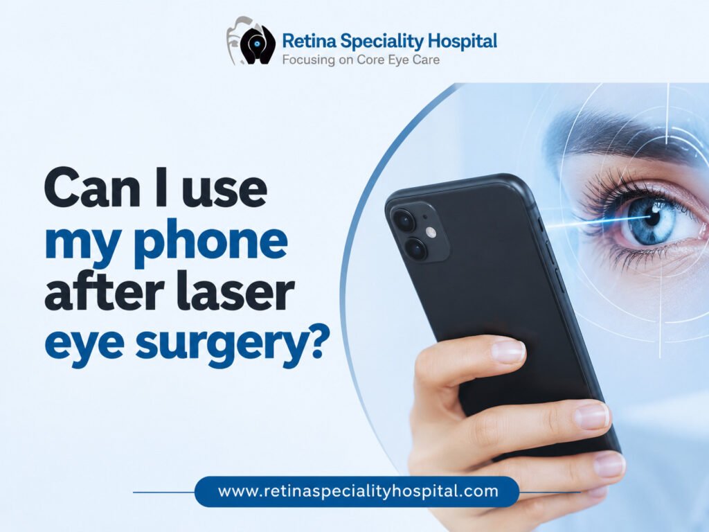 Person using a smartphone carefully after laser eye surgery with focus on eye recovery and vision care.