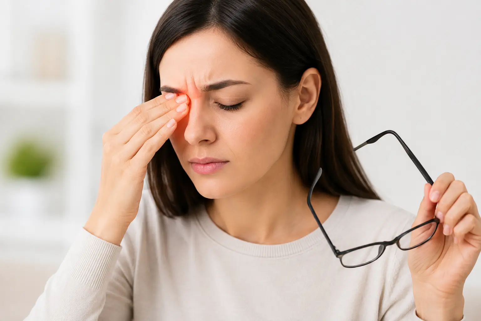 Warning signs of eye problems in a woman experiencing eye discomfort, redness, and sensitivity while removing her glasses.