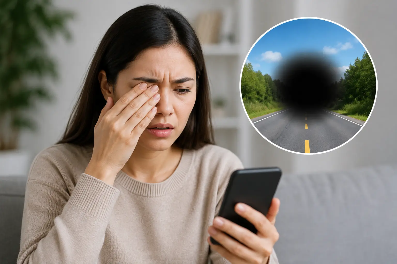 Woman experiencing a sudden blind spot in her vision, illustrated by a dark blurred area blocking part of her view.