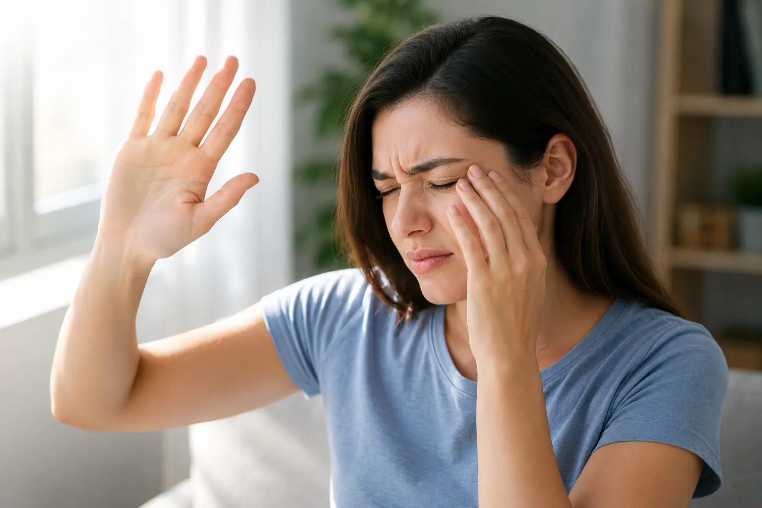 Woman shielding her eyes from bright light while experiencing eye discomfort and sensitivity.
