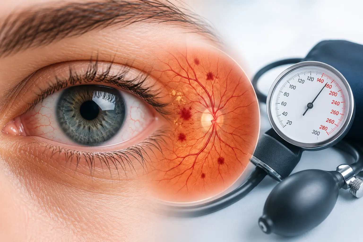 Eye showing retinal blood vessel damage associated with high blood pressure alongside a blood pressure monitor