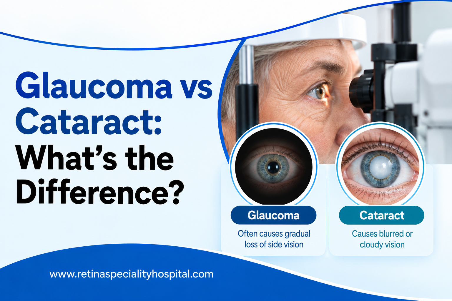 Glaucoma vs cataract comparison showing an eye examination and visual differences between the two conditions